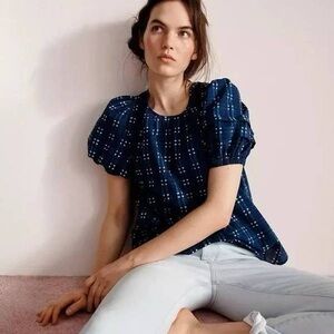 Madewell Shibori Indigo Puff Sleeve Top. Large.